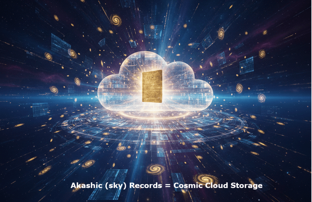 Akashic Records visualised as cosmic cloud storage with glowing data streams
